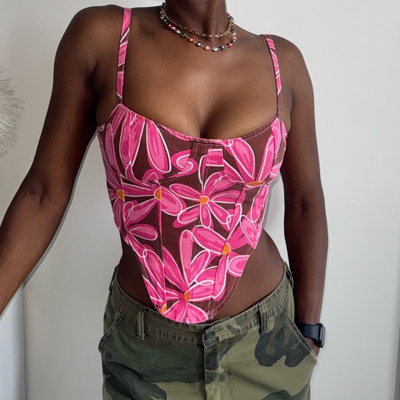 NWT Denim Corset Floral Print Dipped Hem - Picture 1 of 9